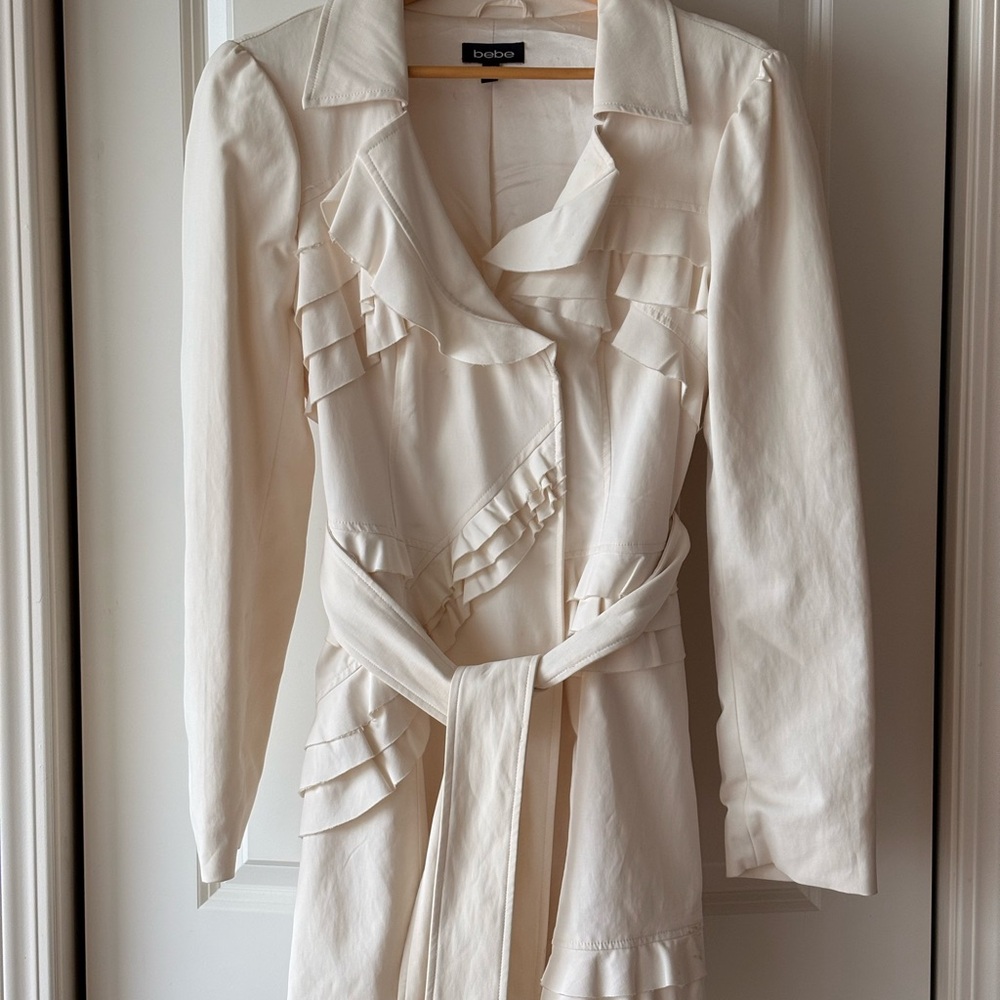 Bebe Cream Ruffle Trench Coat - Picture 1 of 15